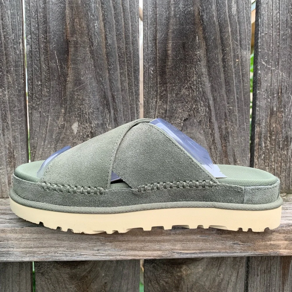 UGG Sandals Goldenstar Cross Platform Slide Moss Green Suede Leather - Picture 4 of 16
